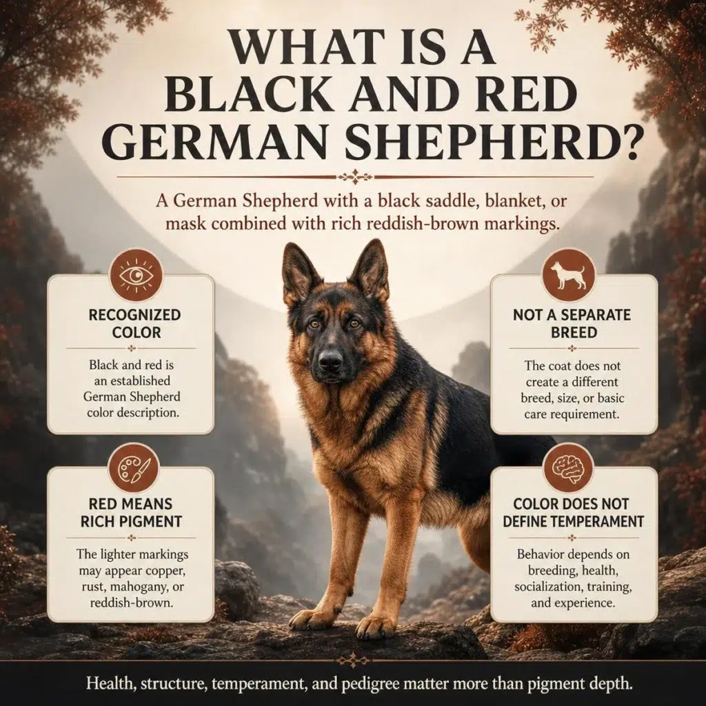Black and Red German Shepherd: Color, Genetics, Temperament, and Care Quick-answer infographic explaining the black saddle and reddish-brown German Shepherd coat