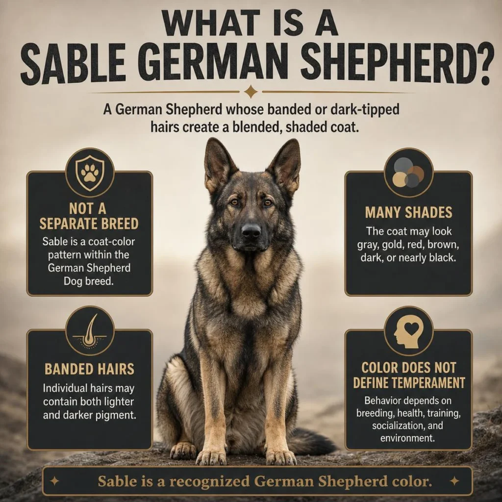 Sable German Shepherd: Color, Genetics, Temperament, and Care Quick-answer infographic explaining the sable German Shepherd coat pattern