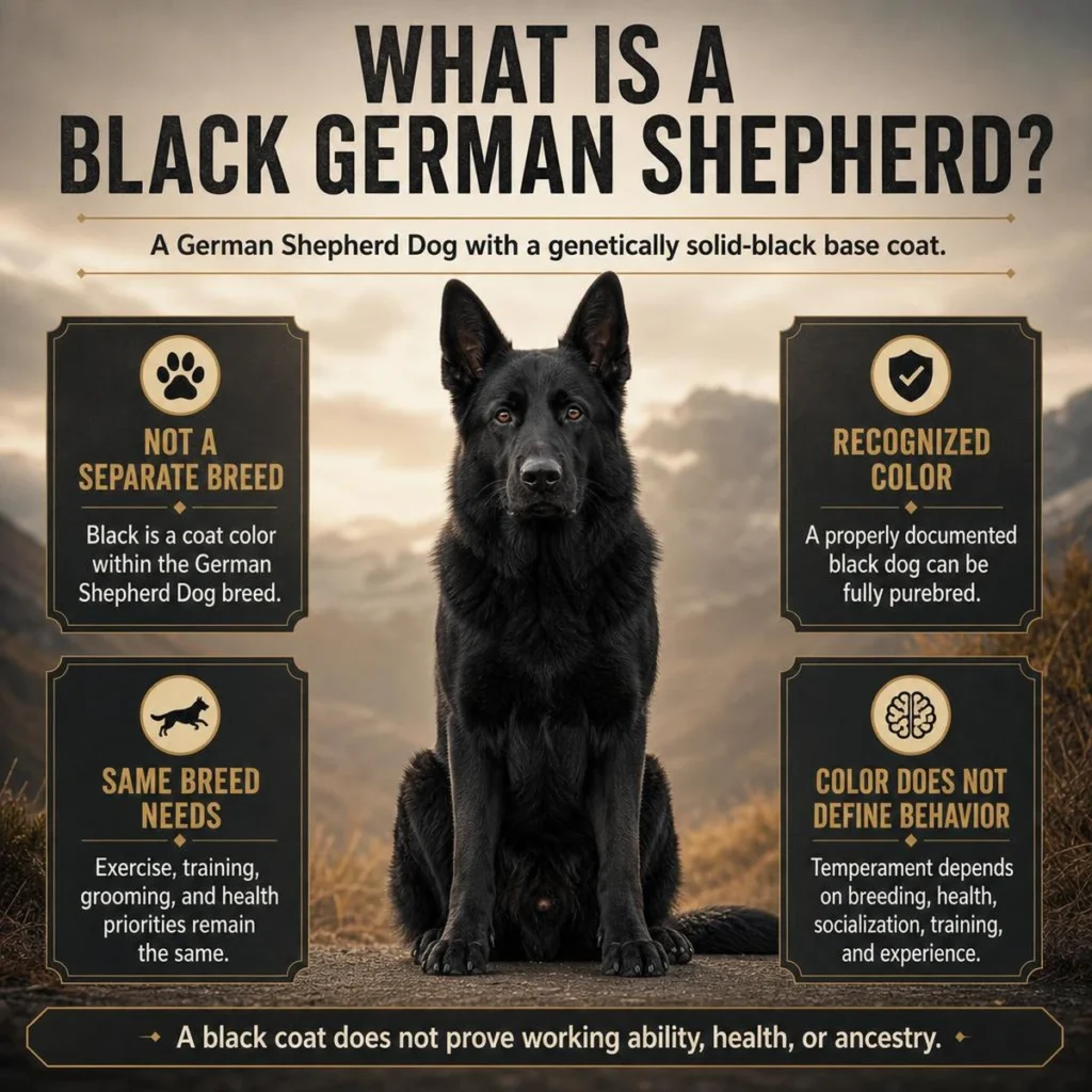 Black German Shepherd: Genetics, Temperament, Puppy Care, and Facts Quick-answer infographic explaining the solid-black German Shepherd coat