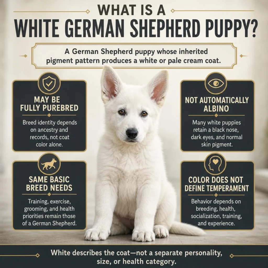 White German Shepherd Puppy: Genetics, Care, Temperament, and Facts Quick-answer infographic explaining a white German Shepherd puppy and its pigmentation