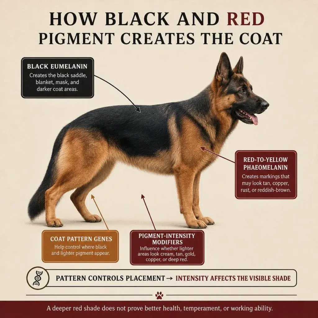 Black and Red German Shepherd: Color, Genetics, Temperament, and Care Diagram showing black eumelanin and reddish phaeomelanin areas on a German Shepherd coat