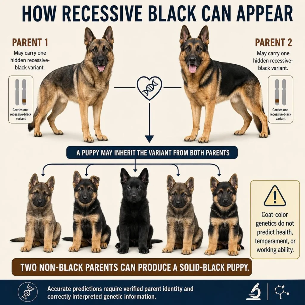 Black German Shepherd: Genetics, Temperament, Puppy Care, and Facts Simplified diagram showing how two carrier parents may produce a solid-black puppy
