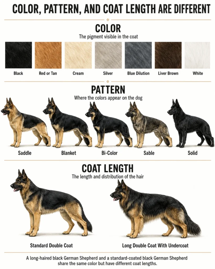 German Shepherd Colors: Complete Guide to Coats and Patterns Difference between German Shepherd coat color, color pattern, and standard or long coat length.f