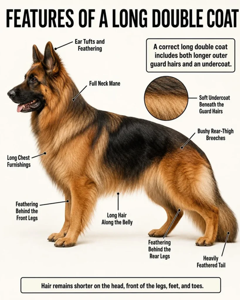 Long-Haired German Shepherd: Coat, Genetics, Grooming, and Care Long double coat features on a German Shepherd, including ear tufts, mane, breeches, and tail feathering.