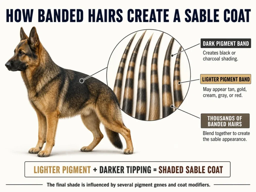 Sable German Shepherd: Color, Genetics, Temperament, and Care Diagram showing lighter and darker pigment bands in sable German Shepherd hairs