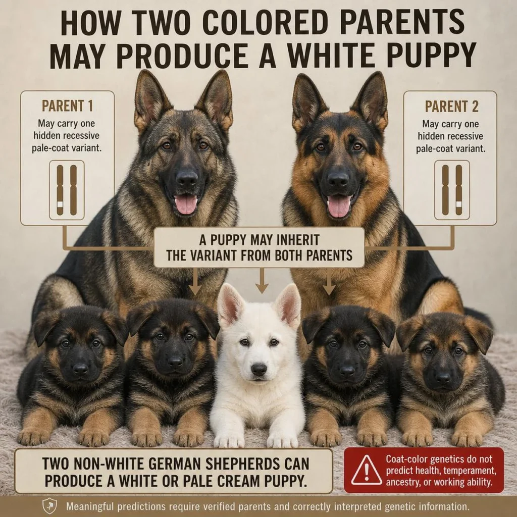 White German Shepherd Puppy: Genetics, Care, Temperament, and Facts Simplified diagram showing how two carrier German Shepherds may produce a white puppy