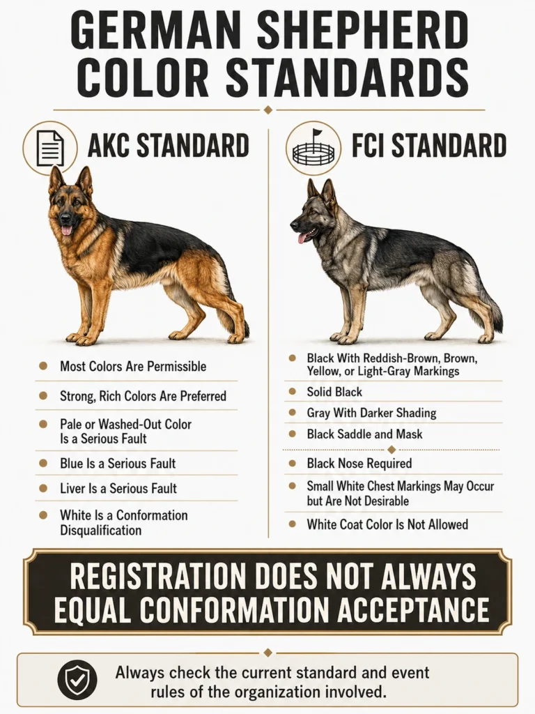 German Shepherd Colors: Complete Guide to Coats and Patterns AKC and FCI German Shepherd color standard comparison, including white, blue, and liver rules.