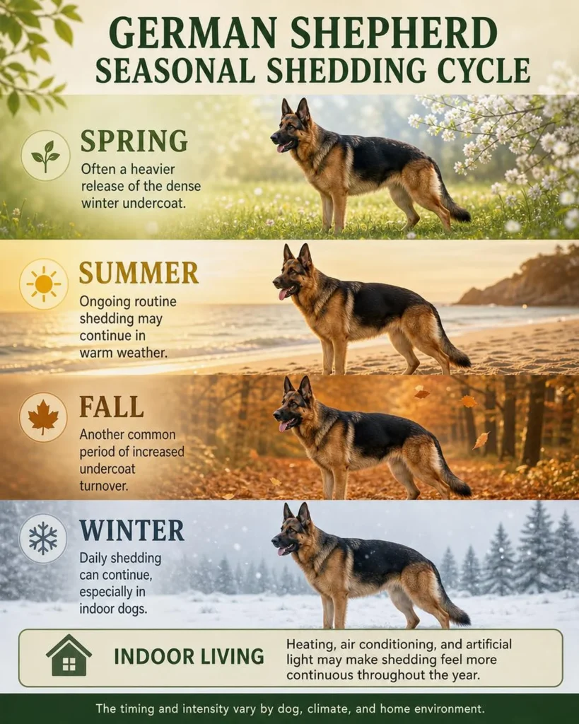 How Much Does a German Shepherd Shed? A Complete Owner’s Guide Seasonal German Shepherd coat cycle across spring, summer, fall, and winter