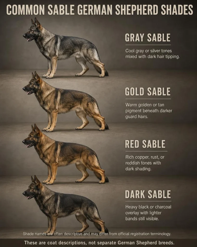 Sable German Shepherd: Color, Genetics, Temperament, and Care Gray, gold, red, and dark sable German Shepherd coat shades