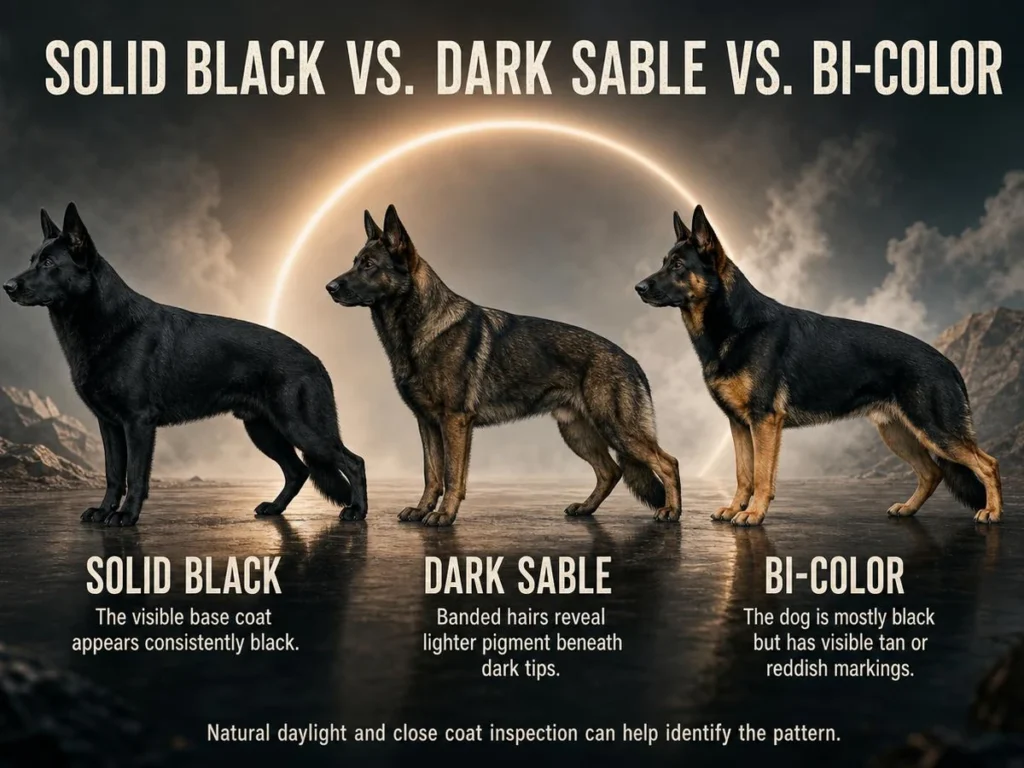 Black German Shepherd: Genetics, Temperament, Puppy Care, and Facts Solid-black, dark-sable, and bi-color German Shepherd coat comparison