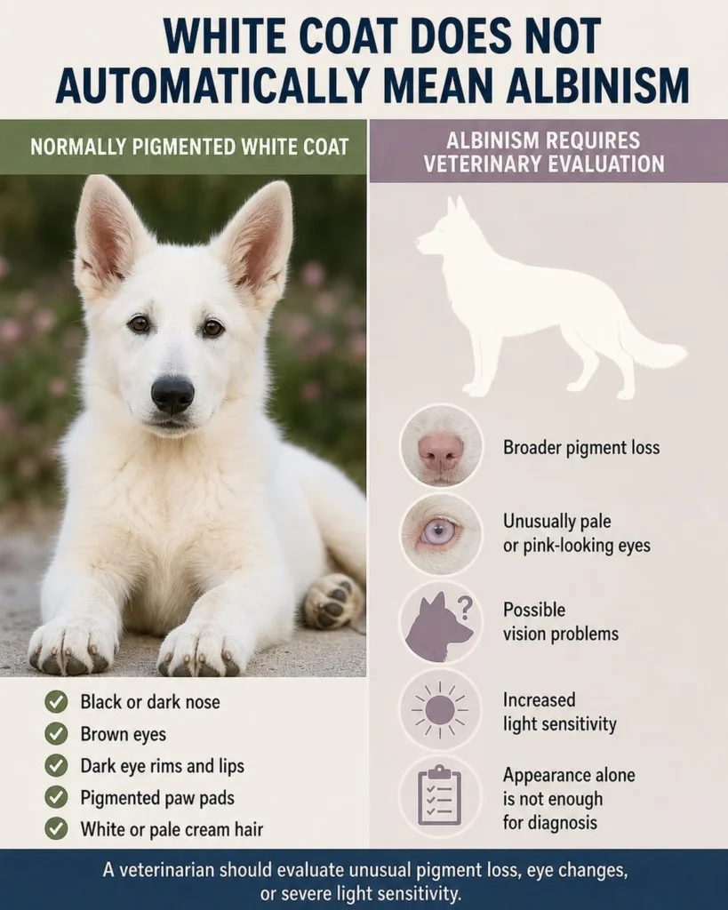 White German Shepherd Puppy: Genetics, Care, Temperament, and Facts Normally pigmented white German Shepherd puppy compared with general albinism warning signs