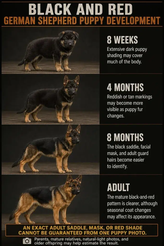 Black and Red German Shepherd: Color, Genetics, Temperament, and Care Black-and-red German Shepherd puppy developing from eight weeks to adulthood