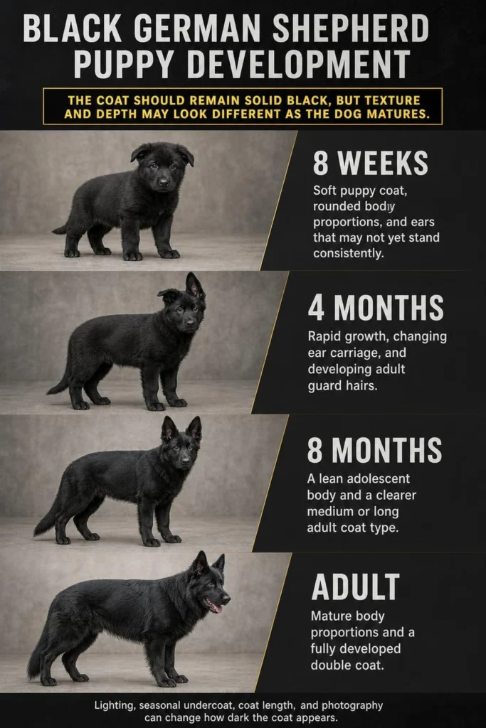 Black German Shepherd: Genetics, Temperament, Puppy Care, and Facts Black German Shepherd puppy developing from eight weeks to adulthood