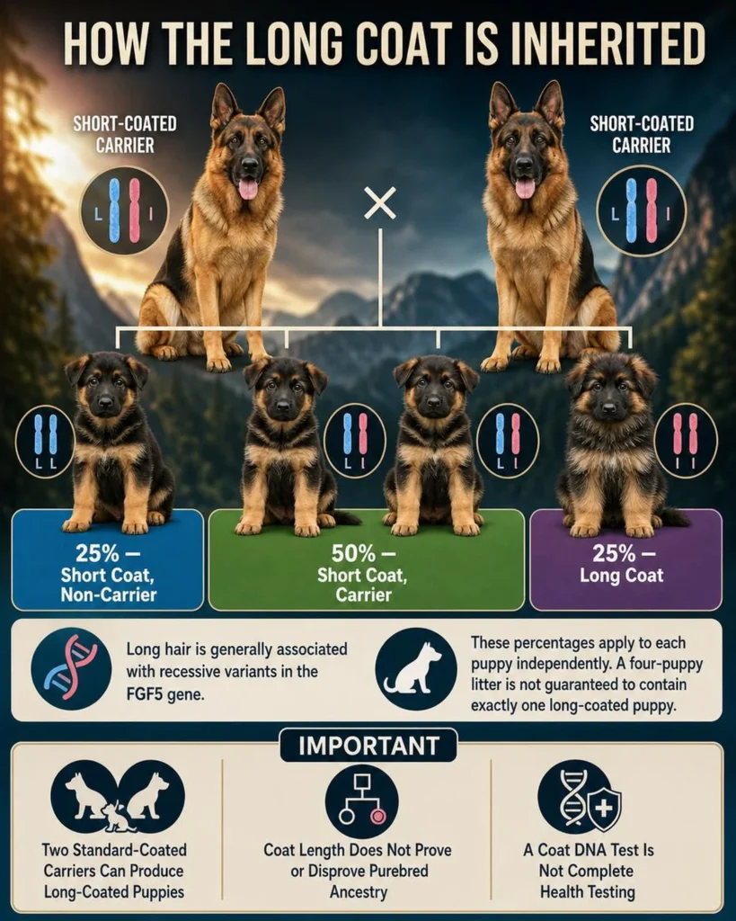 Long-Haired German Shepherd: Coat, Genetics, Grooming, and Care FGF5 recessive inheritance showing how two standard-coated German Shepherd carriers may produce long-haired puppies.