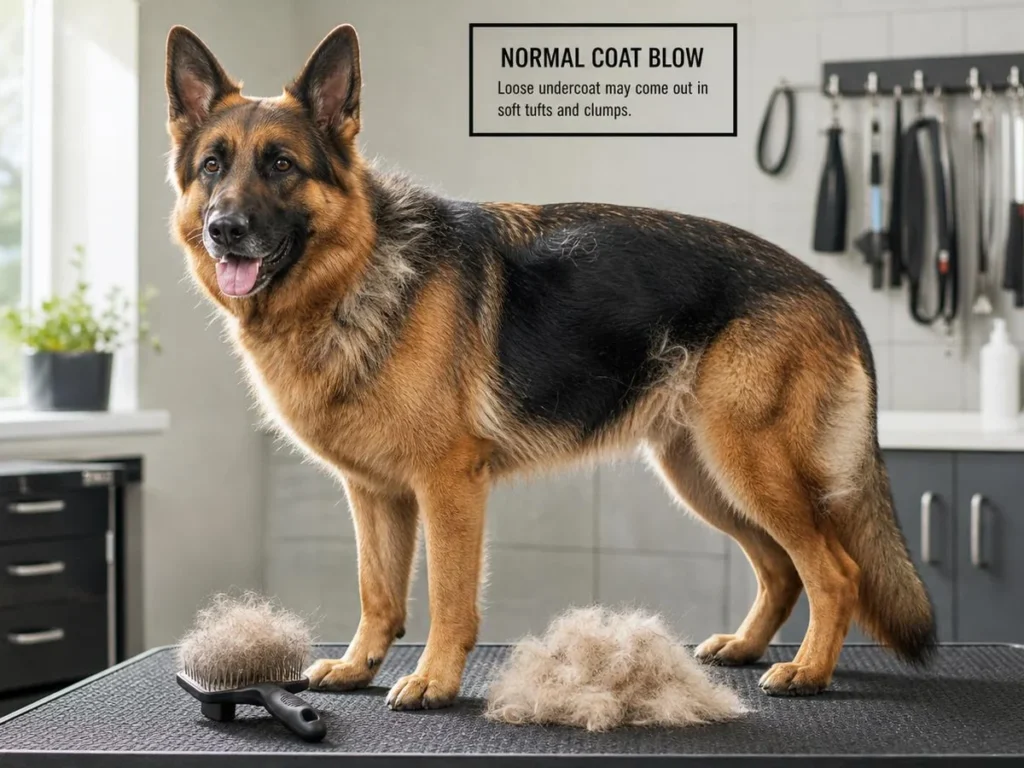 How Much Does a German Shepherd Shed? A Complete Owner’s Guide Healthy German Shepherd releasing soft tufts of undercoat during coat blow