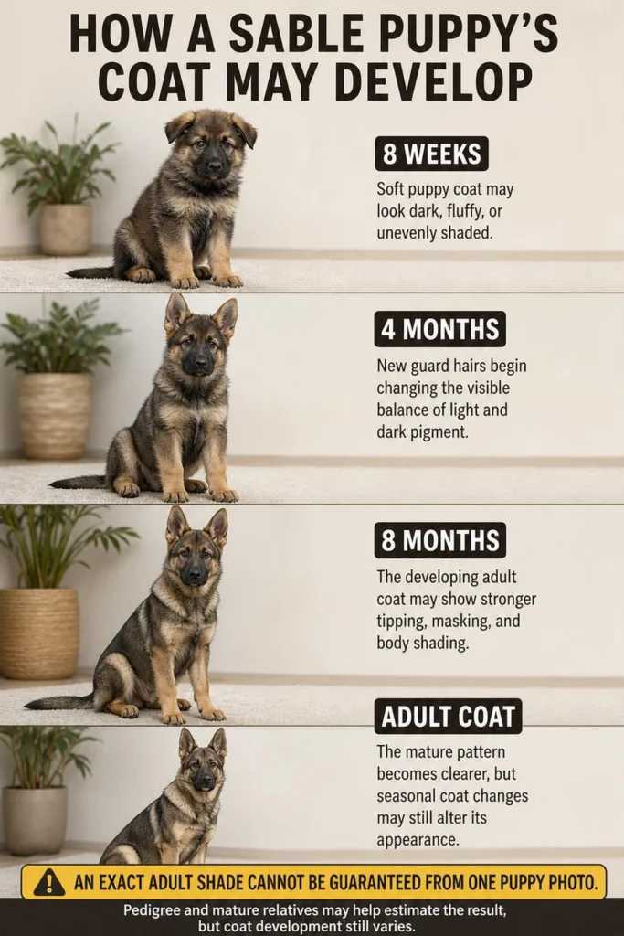 Sable German Shepherd: Color, Genetics, Temperament, and Care Sable German Shepherd puppy coat development from eight weeks to adulthood