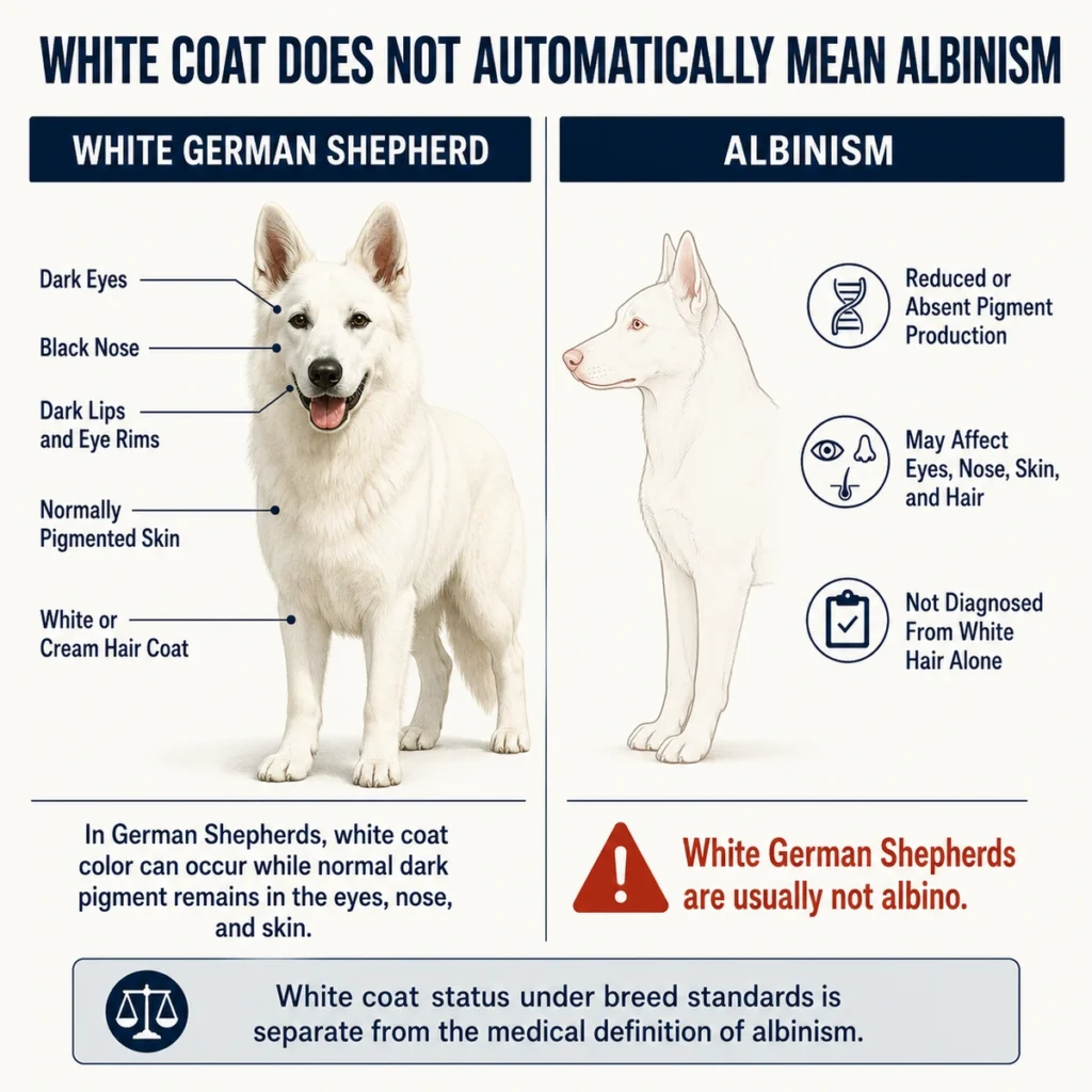German Shepherd Colors: Complete Guide to Coats and Patterns White German Shepherd with dark pigment compared with the general concept of canine albinism.