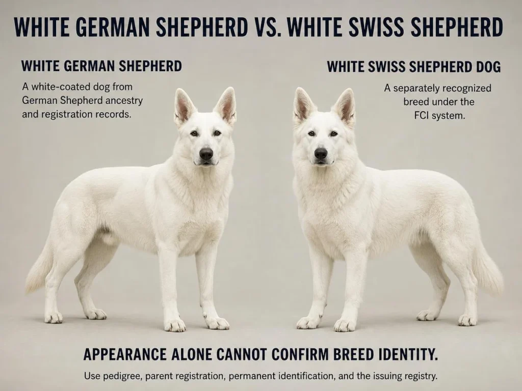 White German Shepherd Puppy: Genetics, Care, Temperament, and Facts White German Shepherd and White Swiss Shepherd breed-identity comparison