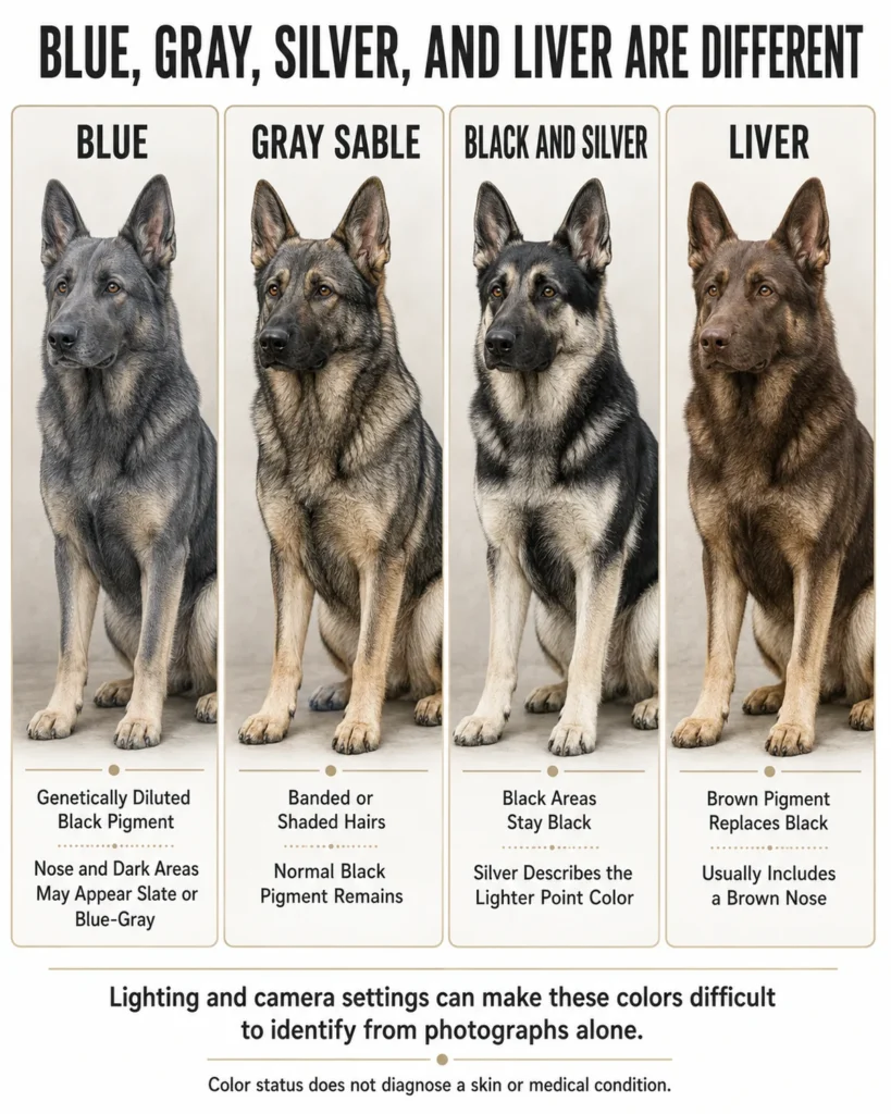 German Shepherd Colors: Complete Guide to Coats and Patterns Blue, gray sable, black and silver, and liver German Shepherd coat colors compared.