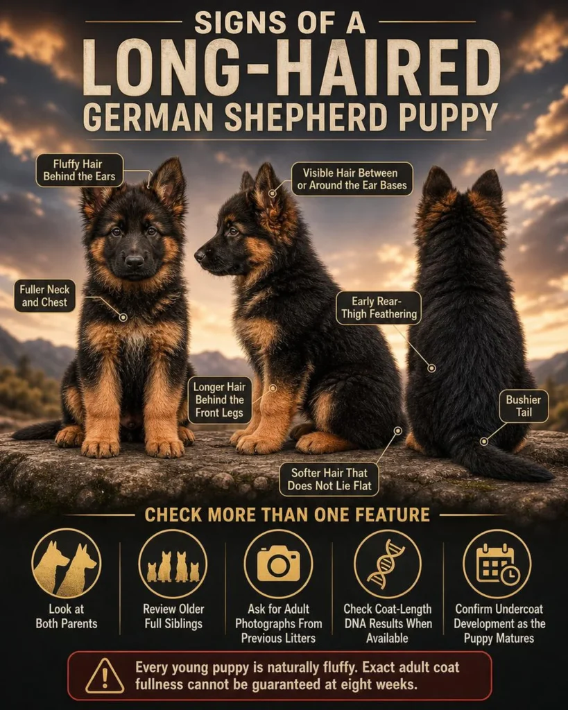 Long-Haired German Shepherd: Coat, Genetics, Grooming, and Care Long-haired German Shepherd puppy identification signs, including ear tufts, leg feathering, and a bushy tail.