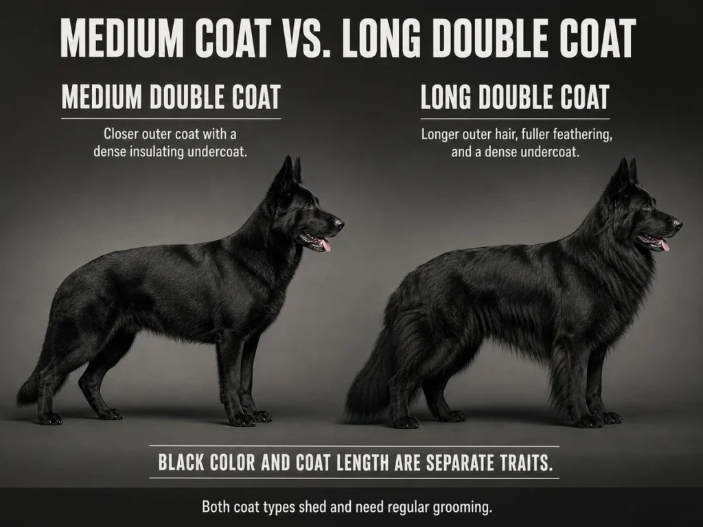 Black German Shepherd: Genetics, Temperament, Puppy Care, and Facts Medium-coated and long-haired solid-black German Shepherd comparison