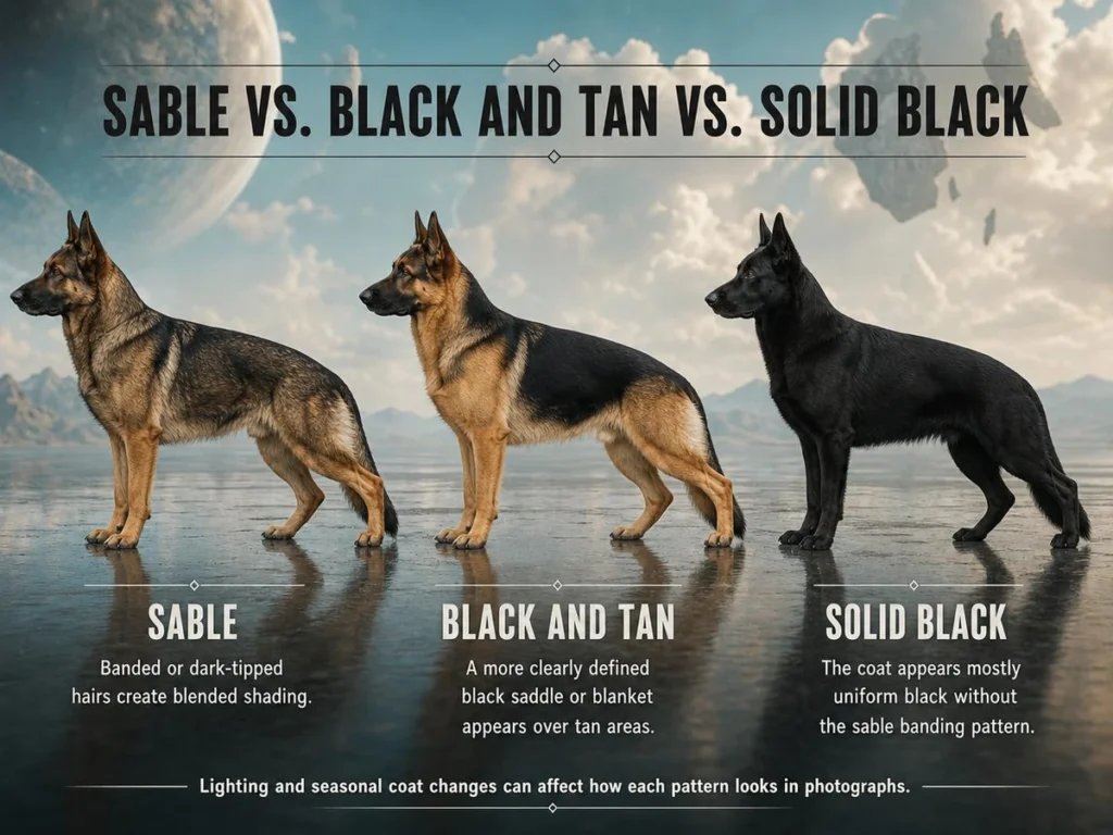 Sable German Shepherd: Color, Genetics, Temperament, and Care Sable, black-and-tan, and solid-black German Shepherd coat comparison
