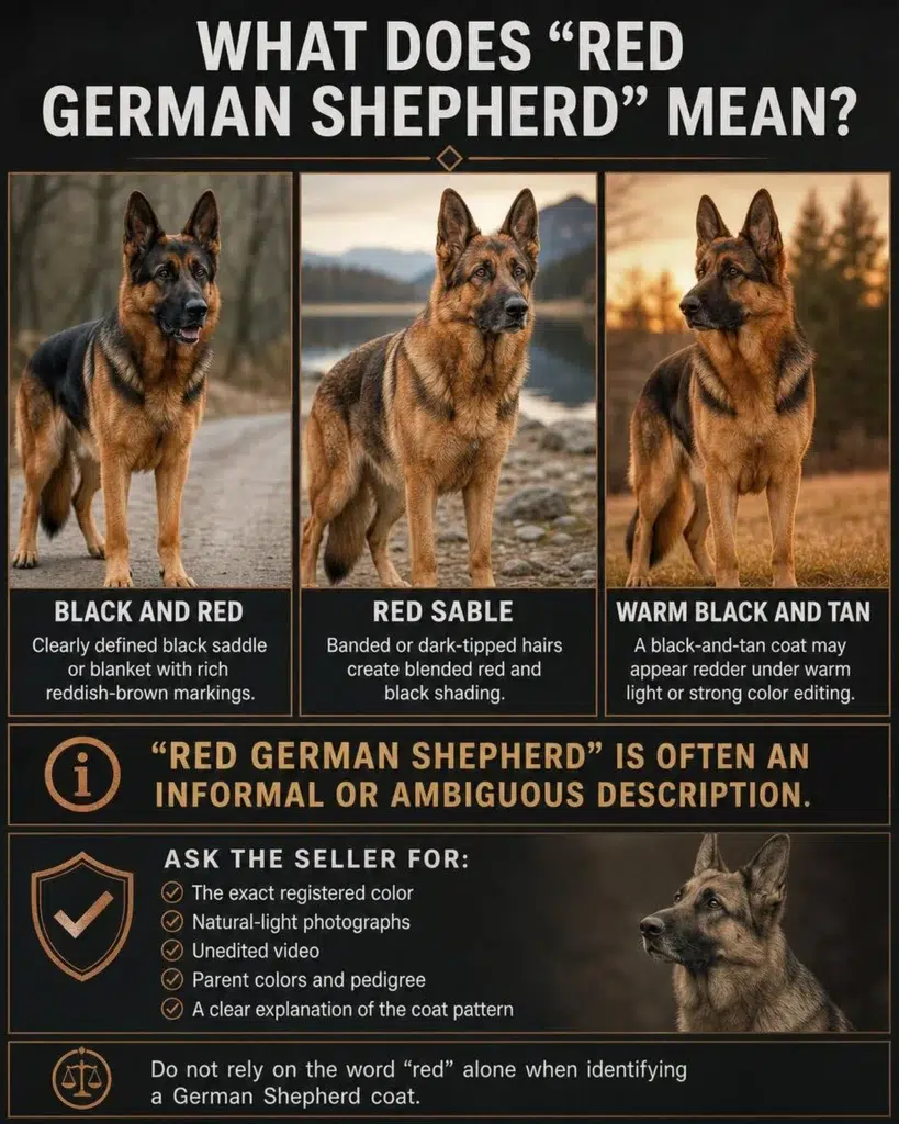 Black and Red German Shepherd: Color, Genetics, Temperament, and Care Infographic explaining different meanings of the term red German Shepherd