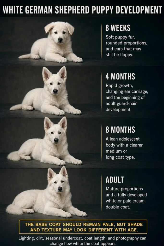 White German Shepherd Puppy: Genetics, Care, Temperament, and Facts White German Shepherd puppy developing from eight weeks to adulthood