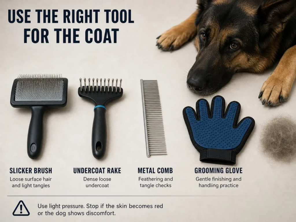 How Much Does a German Shepherd Shed? A Complete Owner’s Guide Slicker brush, undercoat rake, metal comb, and grooming glove for German Shepherd coat care