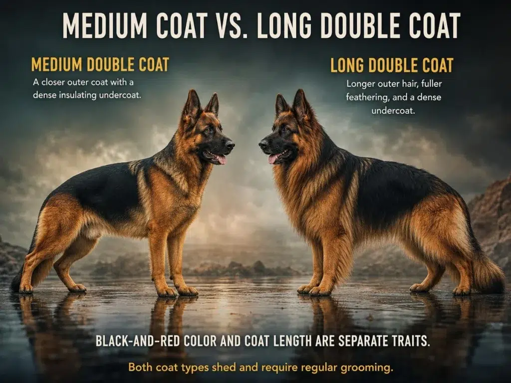 Black and Red German Shepherd: Color, Genetics, Temperament, and Care Medium-coated and long-haired black-and-red German Shepherd comparison