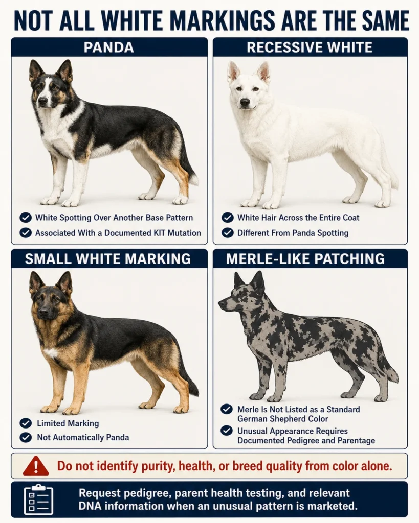 German Shepherd Colors: Complete Guide to Coats and Patterns Panda, recessive white, small white markings, and merle-like coat patterns compared in German Shepherds.