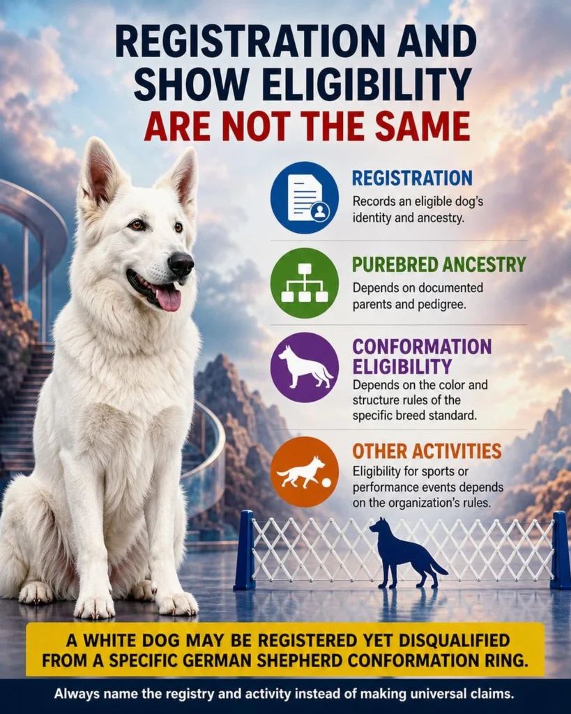White German Shepherd Puppy: Genetics, Care, Temperament, and Facts Infographic explaining registration, purebred ancestry, and conformation eligibility for white German Shepherds