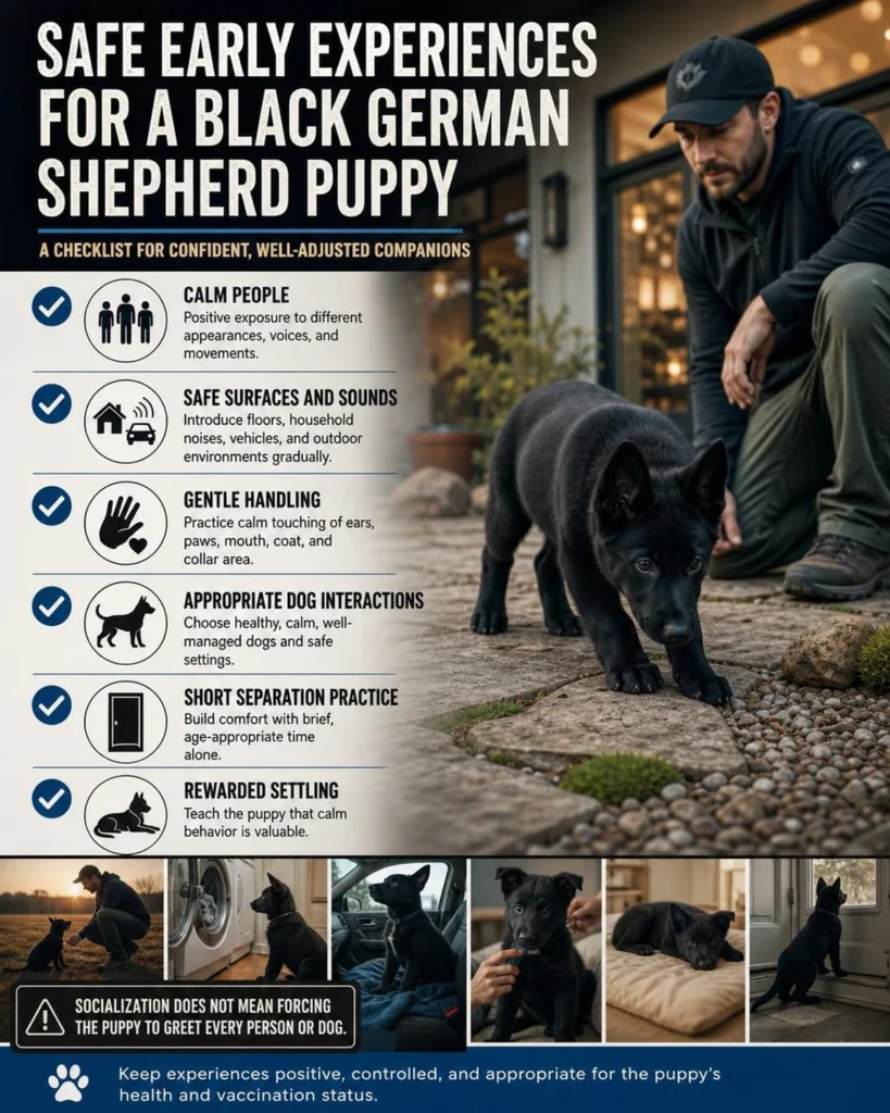 Black German Shepherd: Genetics, Temperament, Puppy Care, and Facts Safe early socialization experiences for a solid-black German Shepherd puppy