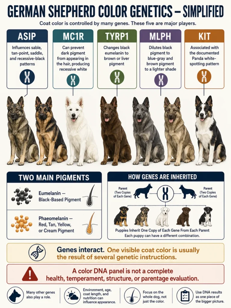 German Shepherd Colors: Complete Guide to Coats and Patterns Simplified German Shepherd color genetics involving ASIP, MC1R, TYRP1, MLPH, and KIT.