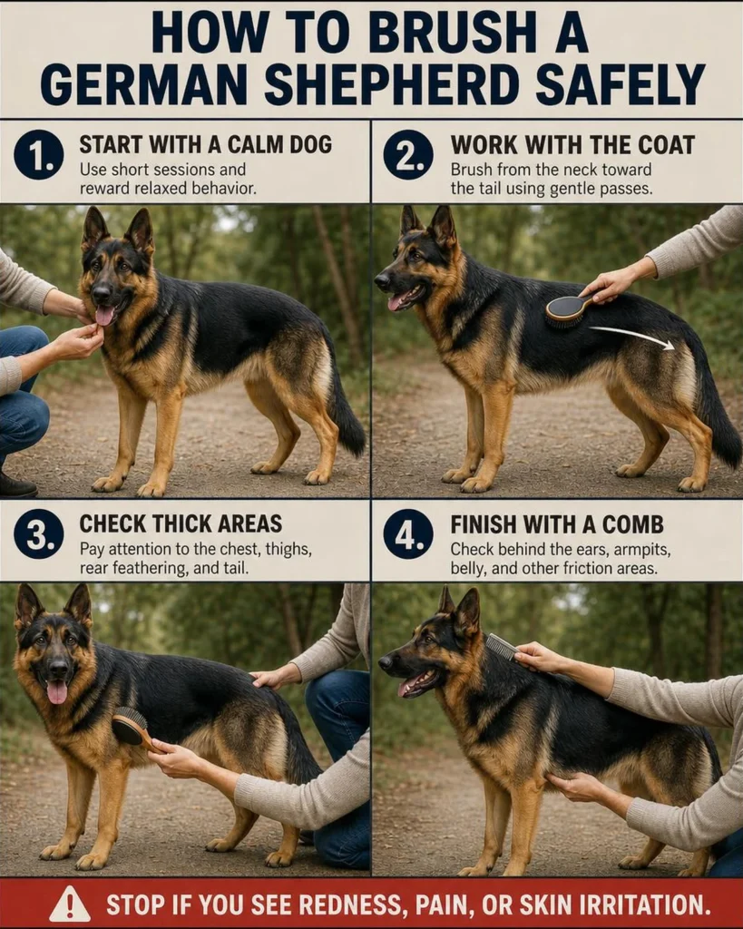 How Much Does a German Shepherd Shed? A Complete Owner’s Guide Four safe steps for brushing a German Shepherd’s double coat