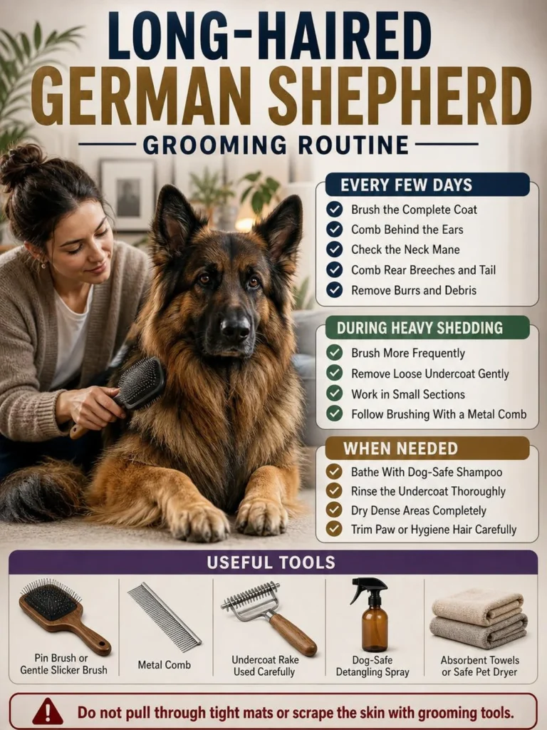 Long-Haired German Shepherd: Coat, Genetics, Grooming, and Care Long-haired German Shepherd grooming routine with brushing, combing, bathing, drying, and undercoat care.