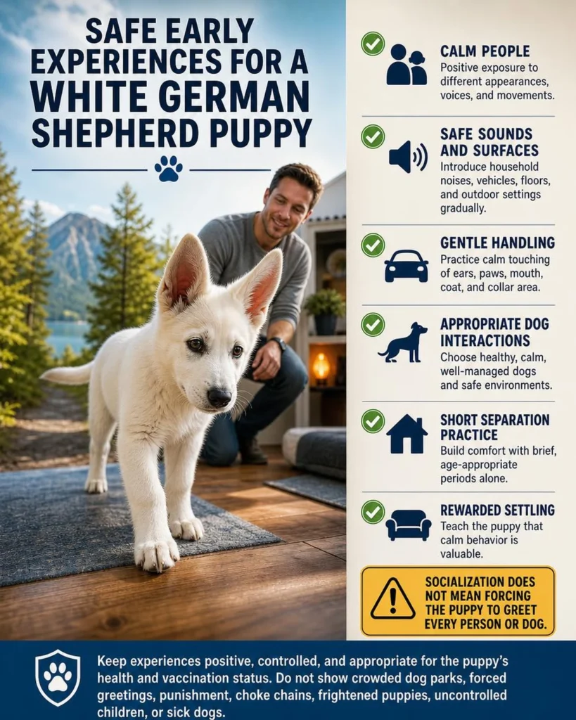 White German Shepherd Puppy: Genetics, Care, Temperament, and Facts Safe early socialization experiences for a white German Shepherd puppy