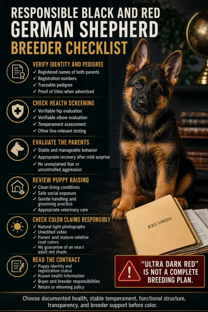Black and Red German Shepherd: Color, Genetics, Temperament, and Care Checklist for choosing a responsible breeder of black-and-red German Shepherd puppies