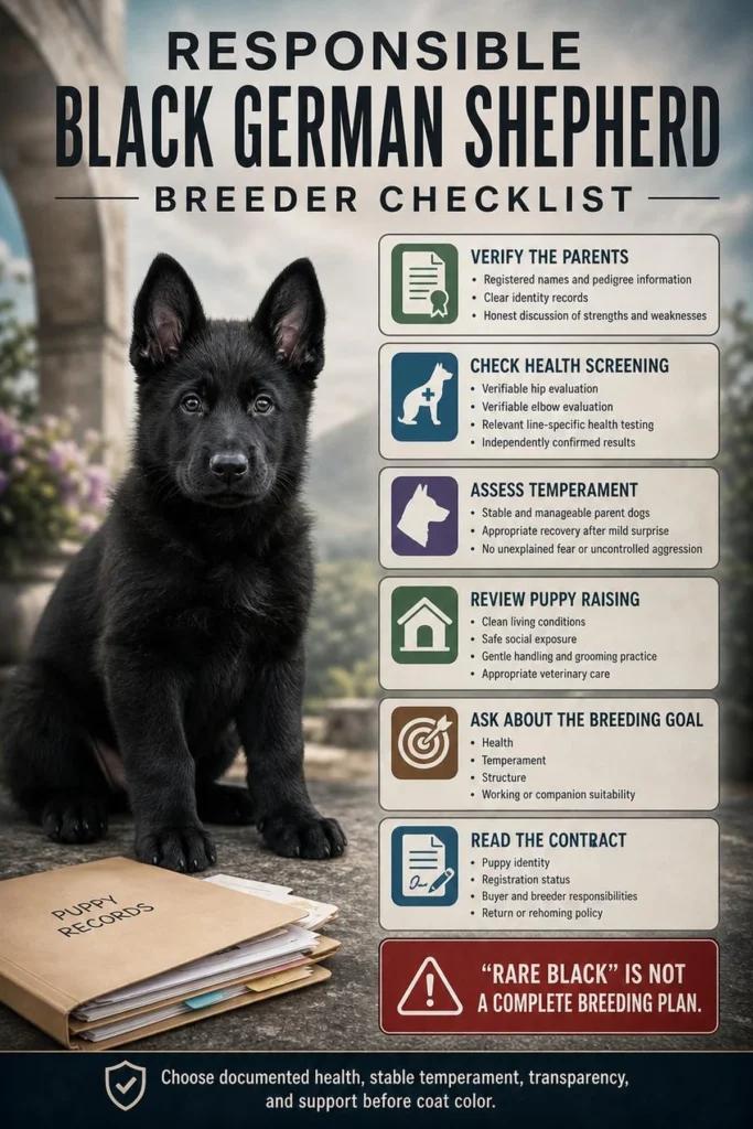 Black German Shepherd: Genetics, Temperament, Puppy Care, and Facts Checklist for selecting a responsible breeder of solid-black German Shepherd puppies