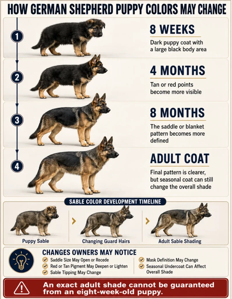 German Shepherd Colors: Complete Guide to Coats and Patterns German Shepherd puppy color changes showing saddle development and changing sable shading from puppyhood to adulthood.