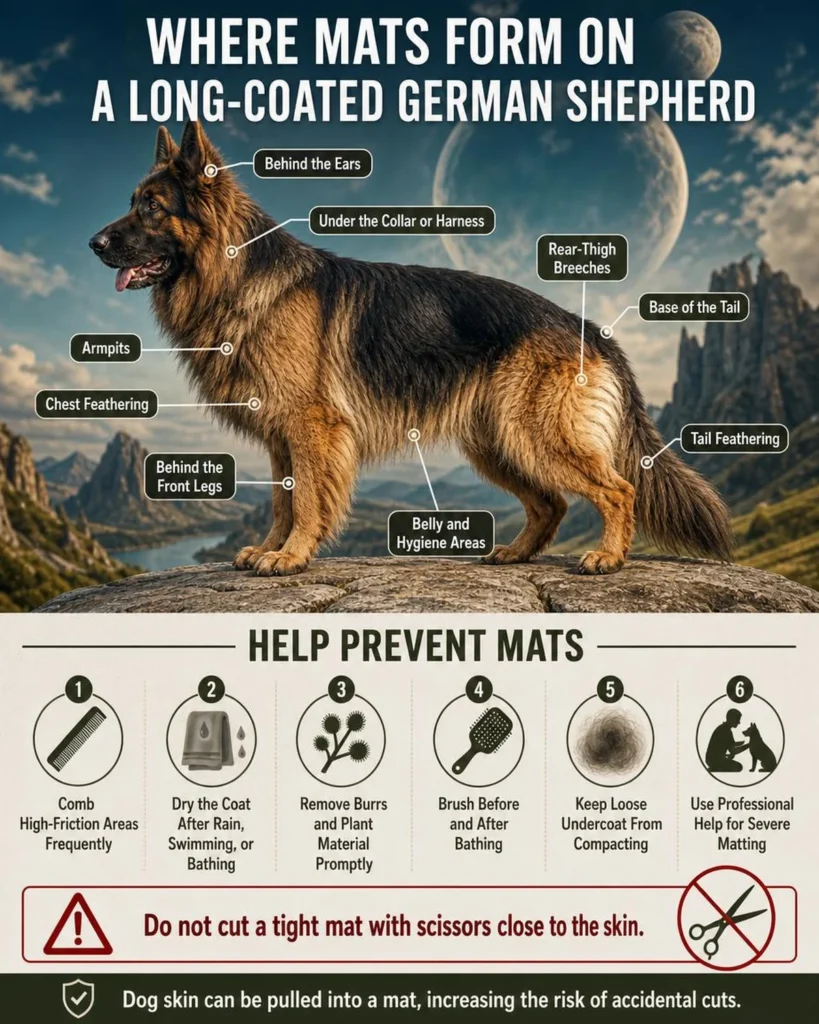 Long-Haired German Shepherd: Coat, Genetics, Grooming, and Care Mat-prone areas on a long-haired German Shepherd, including ears, armpits, breeches, and tail.