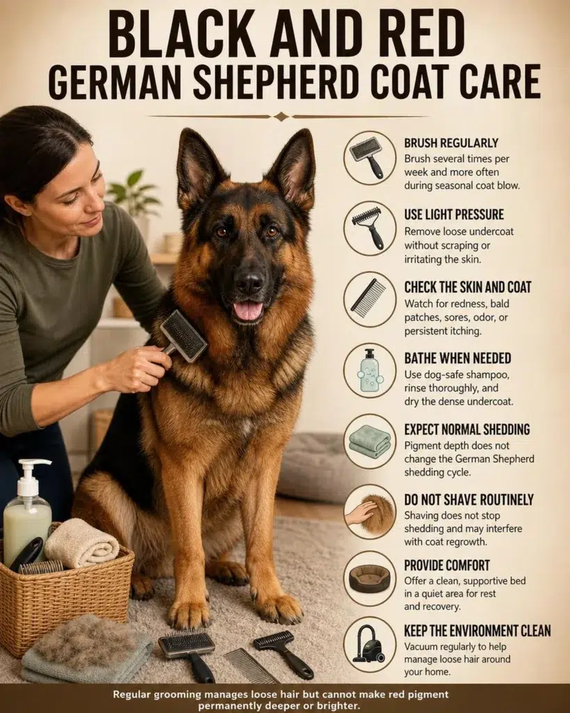 Black and Red German Shepherd: Color, Genetics, Temperament, and Care Brushing and double-coat care for a black-and-red German Shepherd