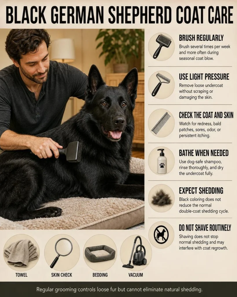 Black German Shepherd: Genetics, Temperament, Puppy Care, and Facts Brushing and double-coat care for a solid-black German Shepherd