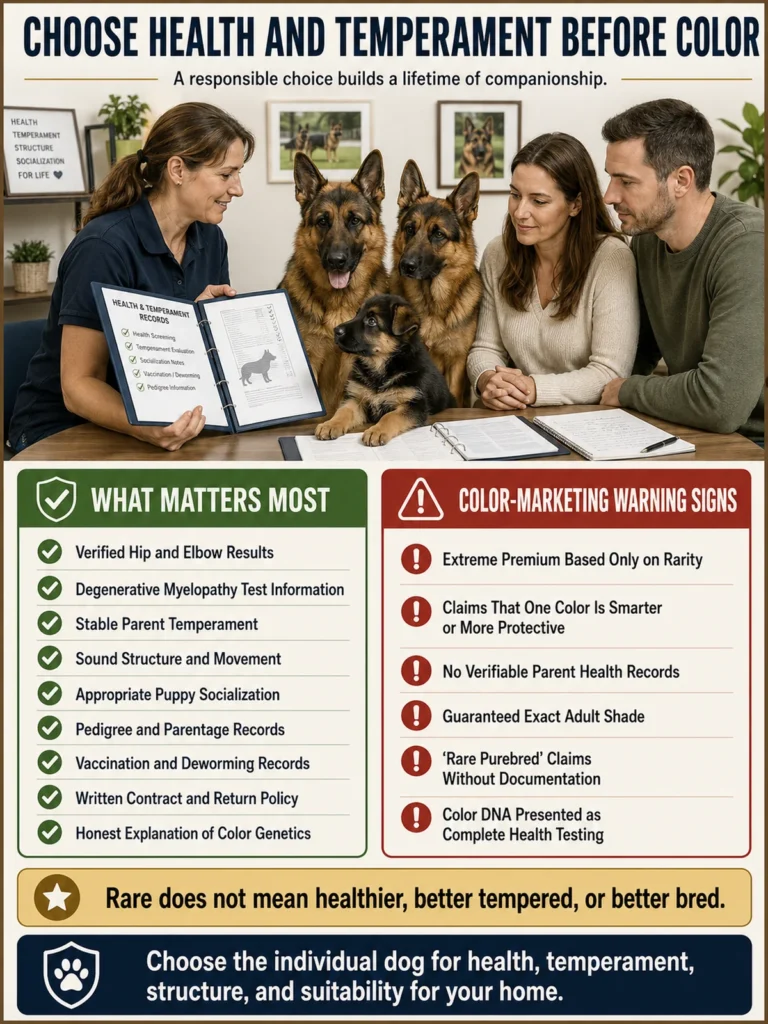 German Shepherd Colors: Complete Guide to Coats and Patterns Responsible German Shepherd breeder checklist prioritizing health, temperament, structure, and records over coat color.