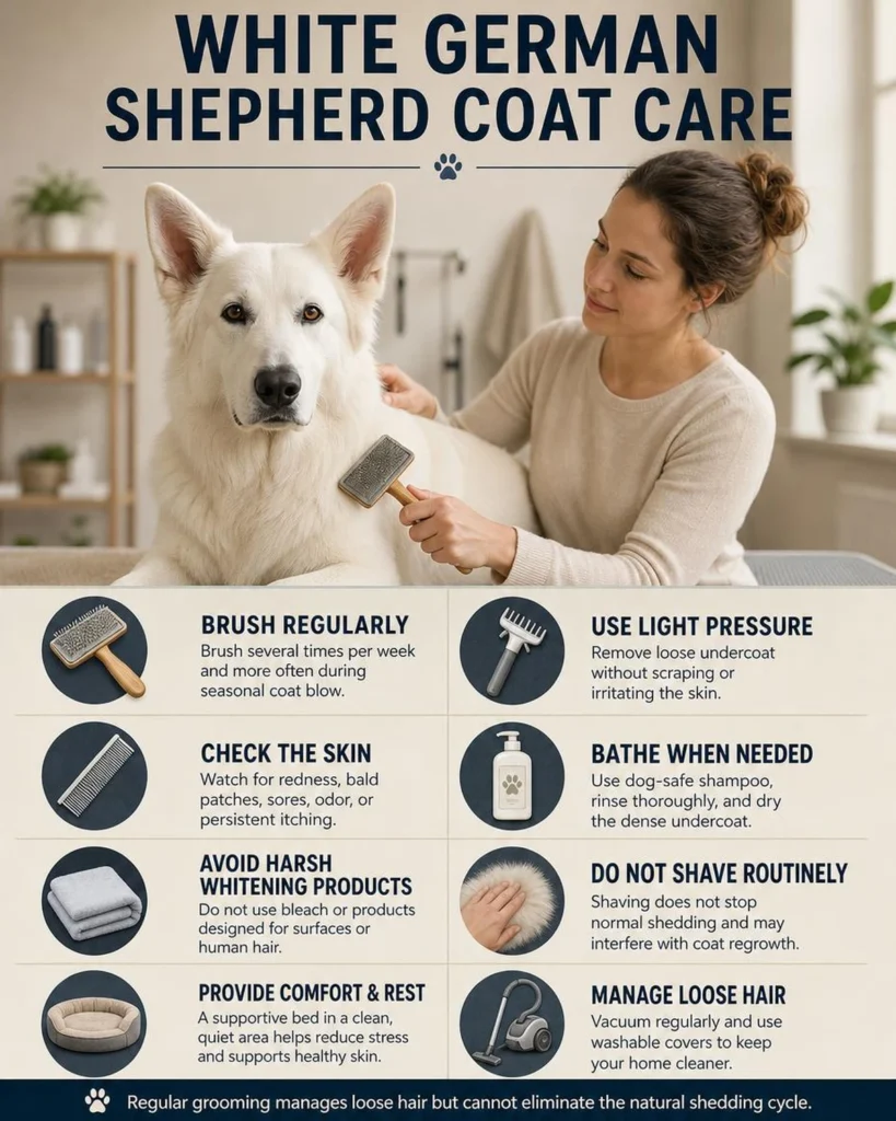 White German Shepherd Puppy: Genetics, Care, Temperament, and Facts Brushing, bathing, and double-coat care for a white German Shepherd