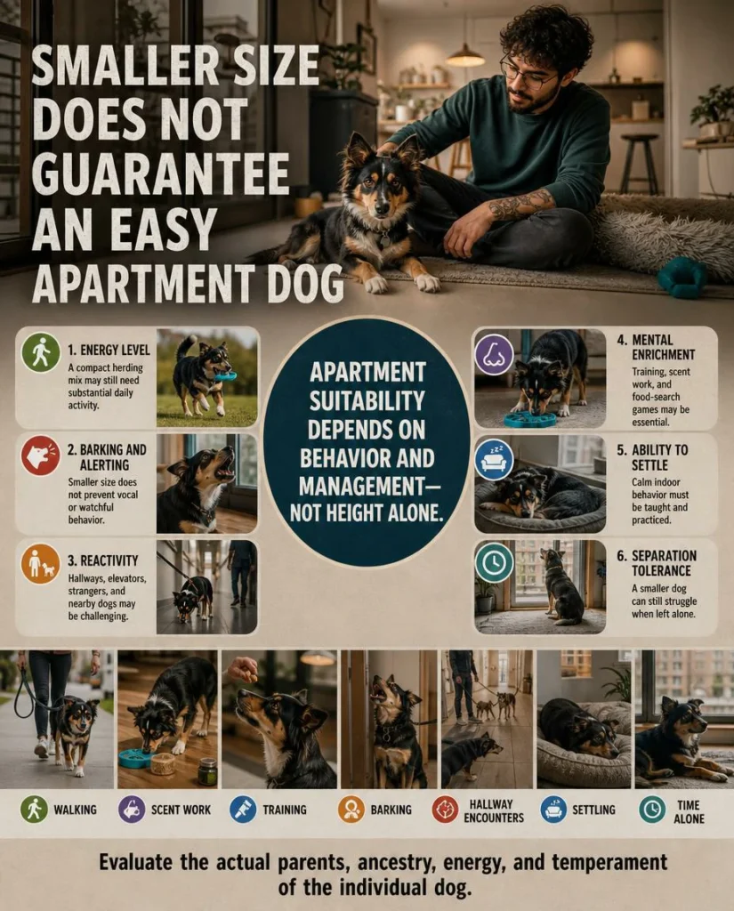 Miniature German Shepherd: Size, Genetics, Health, and Buyer Guide Exercise, barking, settling, and training factors for a small shepherd-type apartment dog