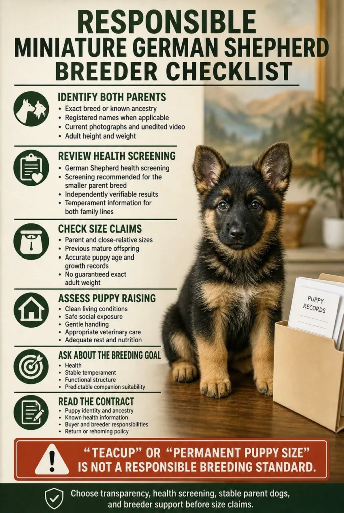 Miniature German Shepherd: Size, Genetics, Health, and Buyer Guide Checklist for evaluating a breeder selling miniature or mini German Shepherd puppies