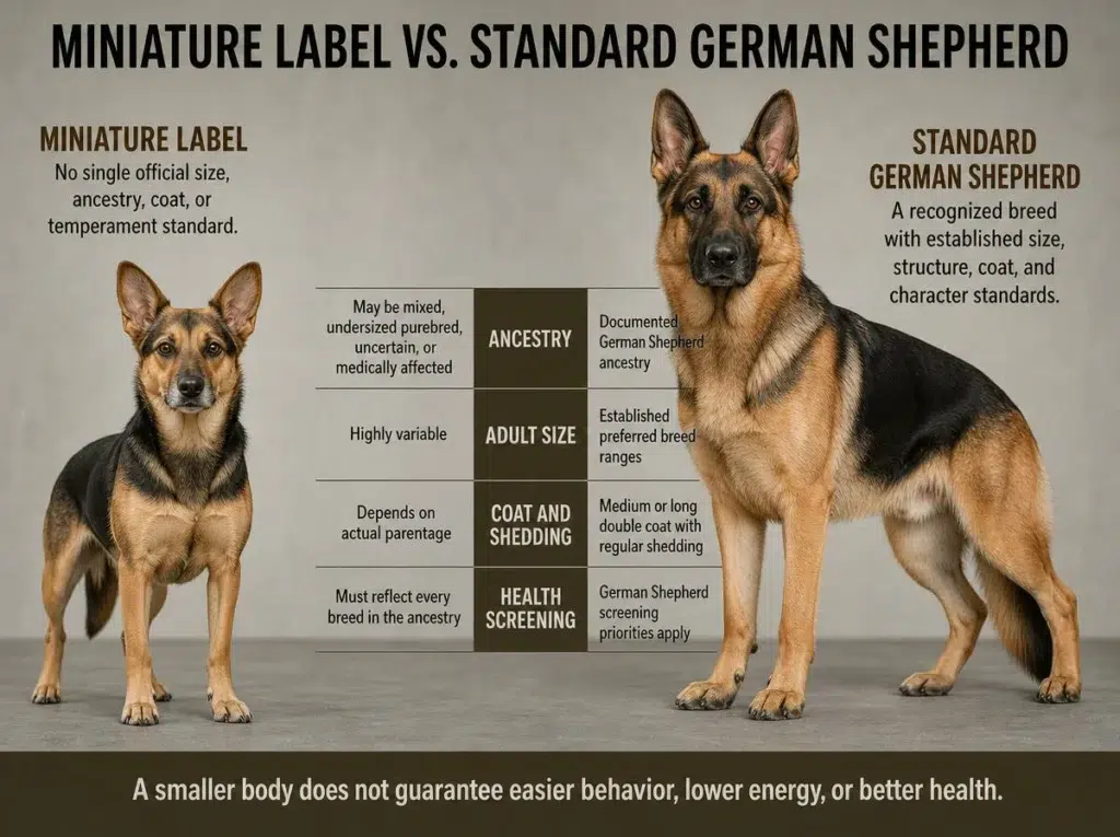 Miniature German Shepherd: Size, Genetics, Health, and Buyer Guide Compact shepherd-type mix compared with a standard German Shepherd Dog