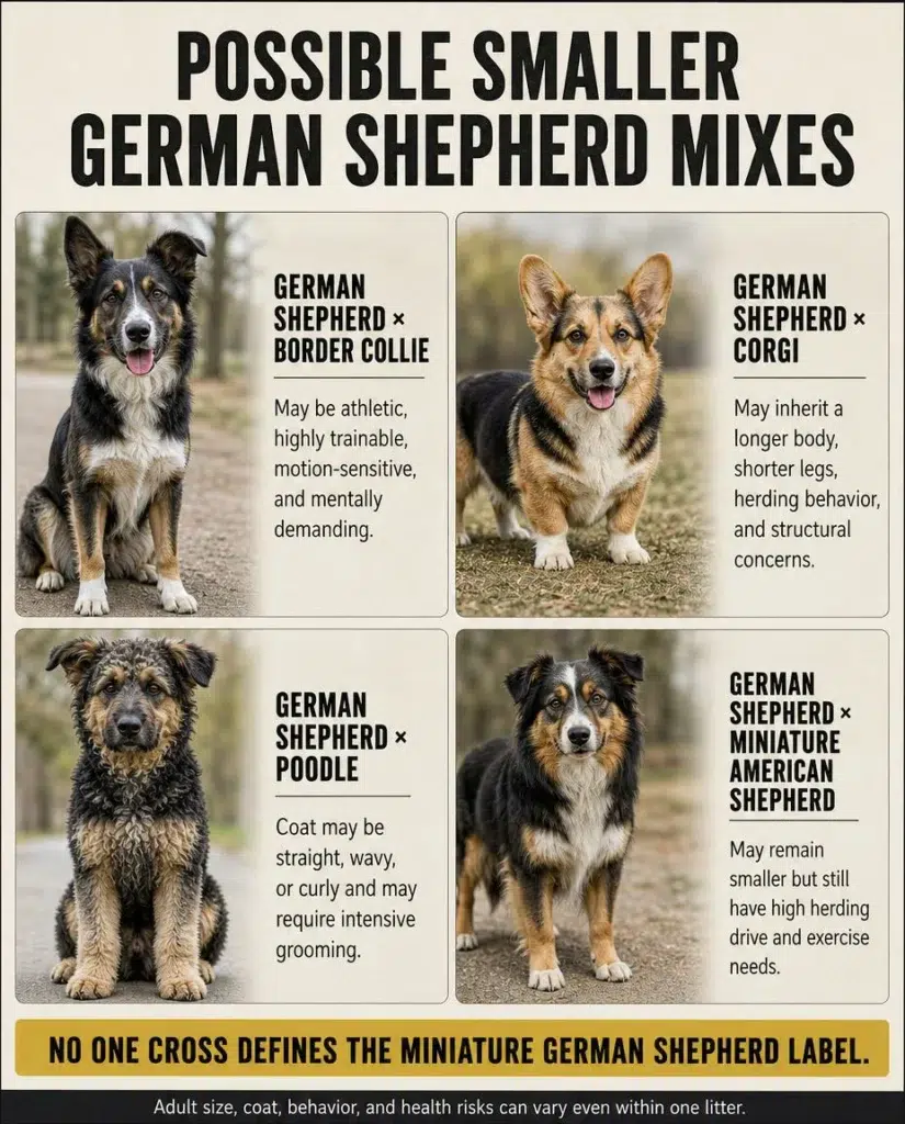 Miniature German Shepherd: Size, Genetics, Health, and Buyer Guide Examples of smaller German Shepherd mixes with Border Collie, Corgi, Poodle, and Miniature American Shepherd ancestry