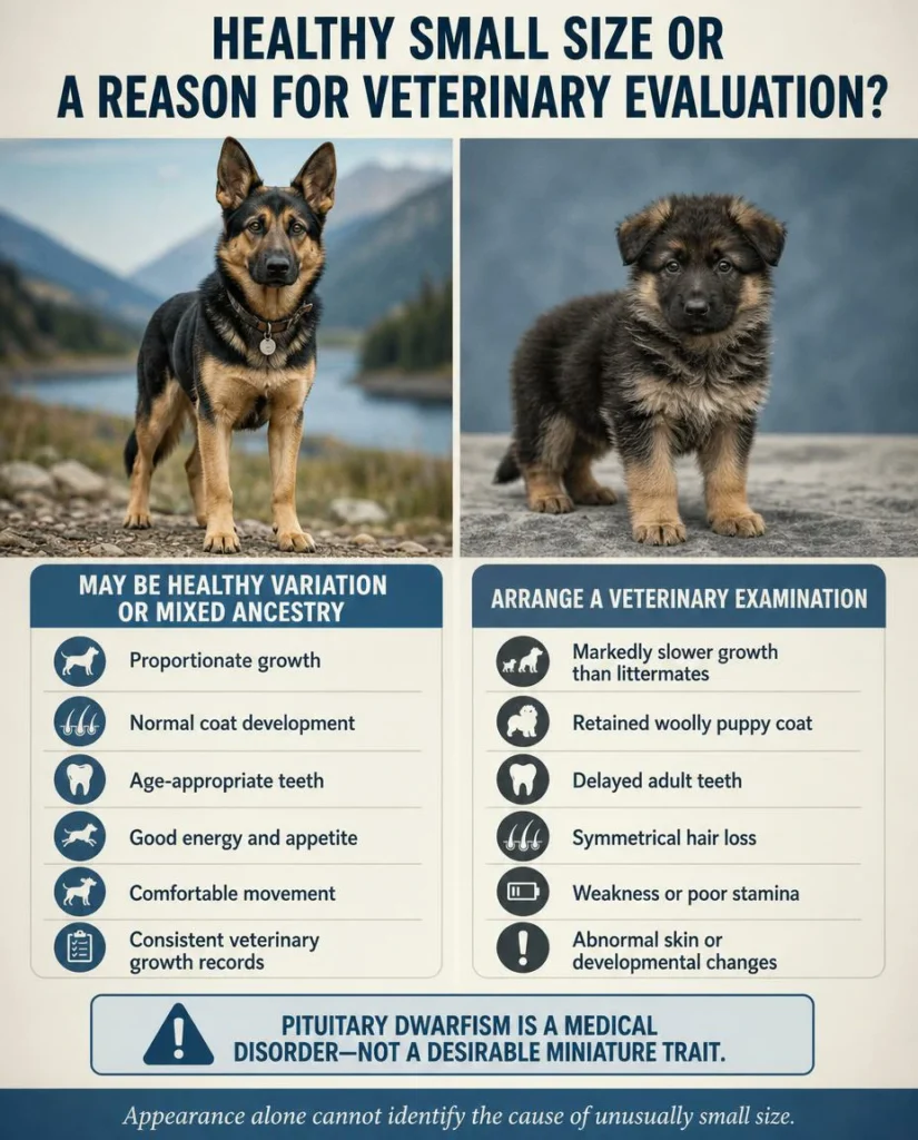 Miniature German Shepherd: Size, Genetics, Health, and Buyer Guide Healthy small shepherd-type dog compared with warning signs of abnormal German Shepherd growth